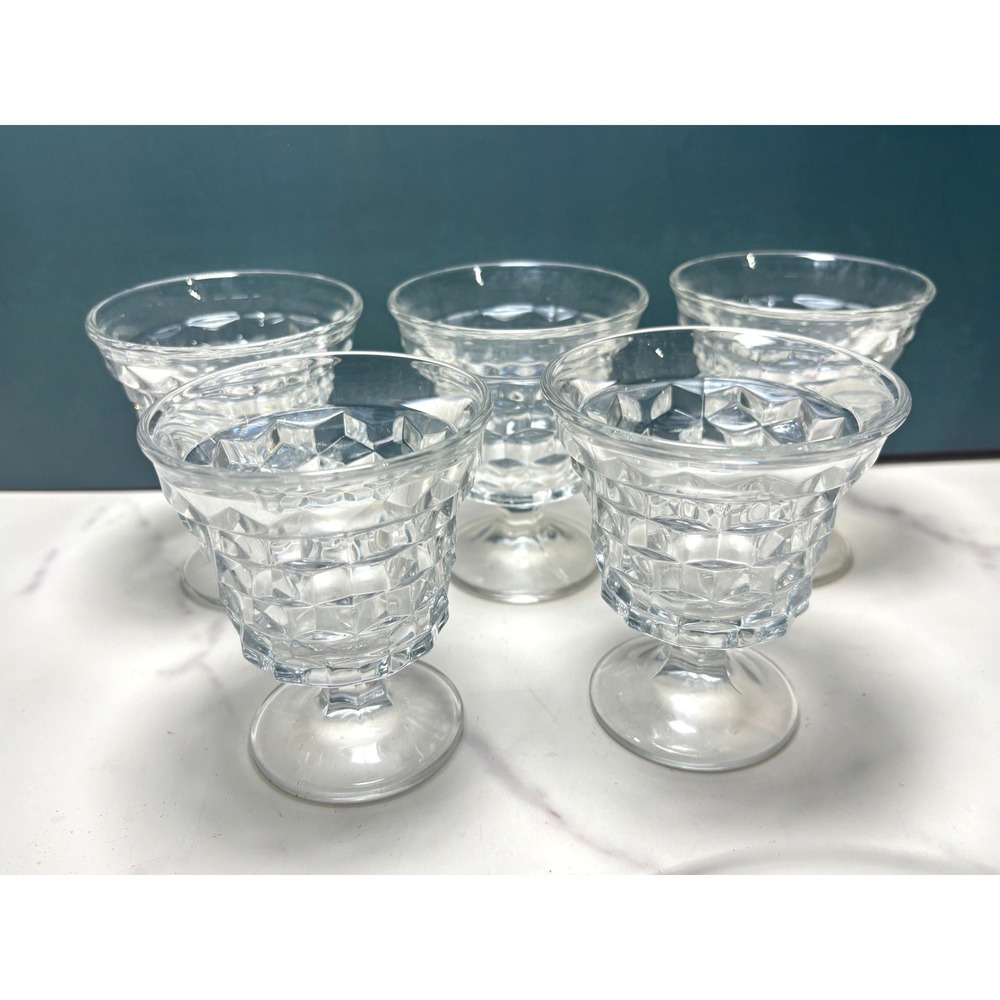 Vintage Fostoria 5 Pc Cubist Clear Glass Footed Fruit Cocktail /Oyster Cups Dish
